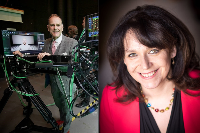 Jeff Brown at the University of Sunderland's virtual studio, St Peter's Campus, and Julie Elliott